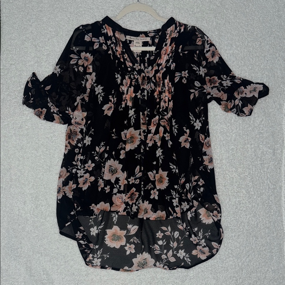 American Rag Black and Pink Floral Blouse